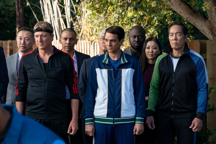 Cobra Kai (L to R) William Zabka as Johnny Lawrence, Ralph Macchio as Daniel LaRusso, Yuji Okumoto as Chozen Toguchi in Cobra Kai