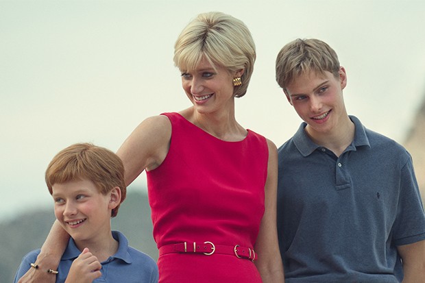 The Crown cast season 6 Diana Harry William Fflyn Edwards as Prince Harry, Elizabeth Debicki as Princess Diana, and Rufus Kampa as Prince William in The Crown season 6 standing together, smiling